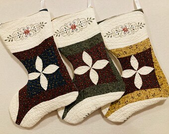 3  Machine Quilted Christmas Stockings - Only 1 Set Available! - Handmade in the USA from a vintage quilt - Ready to Ship