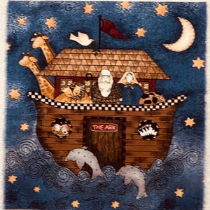 May include: A whimsical painting of Noah's Ark sailing on a blue sea with a crescent moon and stars in the night sky. The ark is brown with a checkered border and a sign that reads "THE ARK". There are two giraffes, a dove, and a man and woman on the ark.