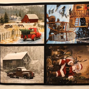 May include: A collage of four winter scenes featuring a red truck hauling a Christmas tree, a snowy cabin with snowshoes, a rustic barn with a truck, and Santa Claus with a reindeer.