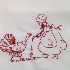 10 Redwork Machine Embroidery Squares - Thanksgiving Sun Bonnet Girls - Burgundy - Finished & Ready to Ship