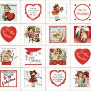 May include: A vintage Valentine's Day card sheet with 16 different designs. Each design features a red heart, a romantic message, and a vintage illustration. The designs include a couple holding hands, a cupid with an arrow, a girl with a bouquet of flowers, and a girl with a heart-shaped locket. The sheet is printed on white paper with a red border.
