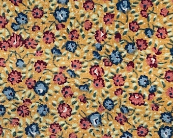 Tessuti generici, fondo oro con fiori colorati blu e rosa -5 metri disponibili - Vintage - Fuori stampa