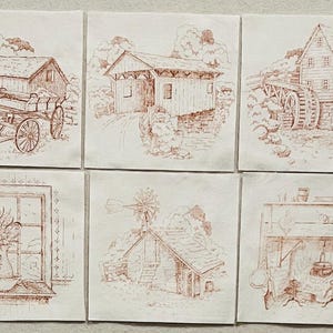 May include: A collection of ten square tiles, each featuring a sepia-toned illustration of rural scenes. The images include a rooster weathervane, farm buildings, a covered bridge, a water mill, and a well. Other tiles depict a wagon wheel, a window with flowers, a windmill, a fireplace, and a horse weathervane.