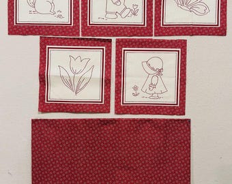 Sunbonnet Sue Redwork Quilt Squares, Faye Liverman Burgos Fabric