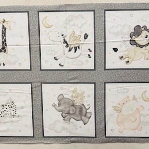 May include: A grey and white fabric panel with a repeating pattern of animals with wings. Each animal is in a separate square with a grey border. The animals include a giraffe, a zebra, a lion, an elephant, and a pig. The background is a light grey with white stars.