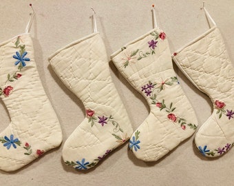 4 Small Antique Embroidered Hand Quilted Floral Stockings - Ready to Ship Next Day for Free to the U.S.A.
