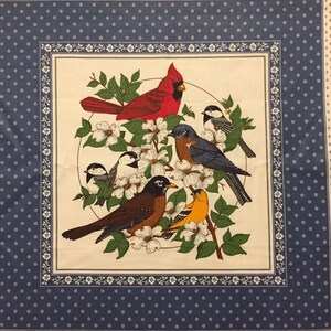 2 vintage vip-vogels met kornoeljebloemen stoffen quiltvierkanten - uitverkocht