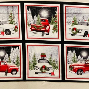 May include: Six different images of red and white vintage pickup trucks in a snowy winter scene. Each truck is decorated with Christmas trees, wreaths, and presents. The trucks are driving through a forest of snow-covered trees. The background is a dark blue sky with a full moon.