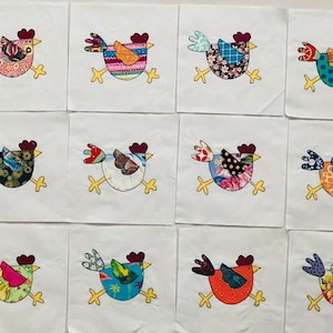 May include: Twelve white fabric squares, each featuring a unique applique chicken design. The chickens are crafted from various colorful patterned fabrics, including floral, polka dot, and plaid prints, with dark red combs and yellow stitched feet.