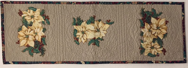Machine Appliqued Reversible Machine Quilted Christmas Poinsettia Table Runner