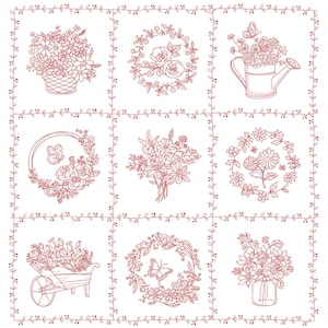 Pannello floreale Garden Redwork 36" x 45" - 9 blocchi 11" x 11" ciascuno - Timeless Treasures - CD3100 - Venduto tagliato su misura
