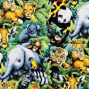 May include: A vibrant fabric pattern featuring a jungle scene with various animals. The design includes zebras, giraffes, elephants, lions, tigers, pandas, monkeys, and a koala, all set against a backdrop of lush green foliage.