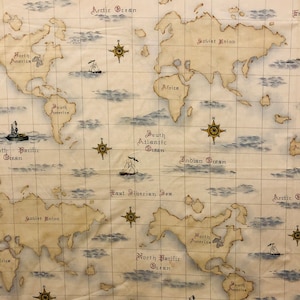 Vintage Leslie Beck Global Map Fabric - Cranston Print Works - Sold by the Yard - 3 Yards Available - Out of Print