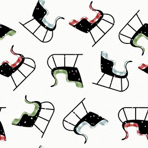 May include: A seamless pattern featuring black and white sleighs with red and green plaid cushions. The sleighs are on a white background with a subtle speckled texture.