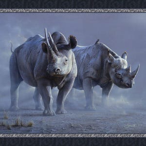 May include: A detailed painting of two grey rhinoceroses standing on dry, cracked earth. The rhinoceros on the left faces forward with two prominent horns, while the one on the right faces slightly right. Dust swirls around their feet in a hazy atmosphere.