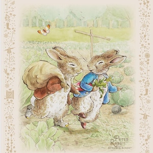 May include: A rectangular print featuring a watercolor illustration of Peter Rabbit and Benjamin Bunny walking through a garden. Peter carries a sack while Benjamin holds green leaves. The border contains small garden icons and the text Peter Rabbit and Benjamin Bunny.