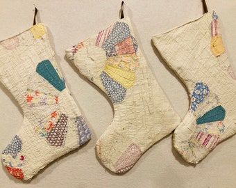 3 Tattered & Torn Heirloom Dresden Plate Christmas Stockings - Made from a quilt that was very well loved - Made in USA - Ready to Ship!