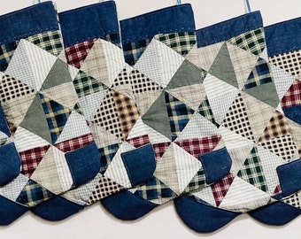 Large Country Plaid & Denim Hand Quilted Christmas Stockings - 2 Available - Next day Shipping