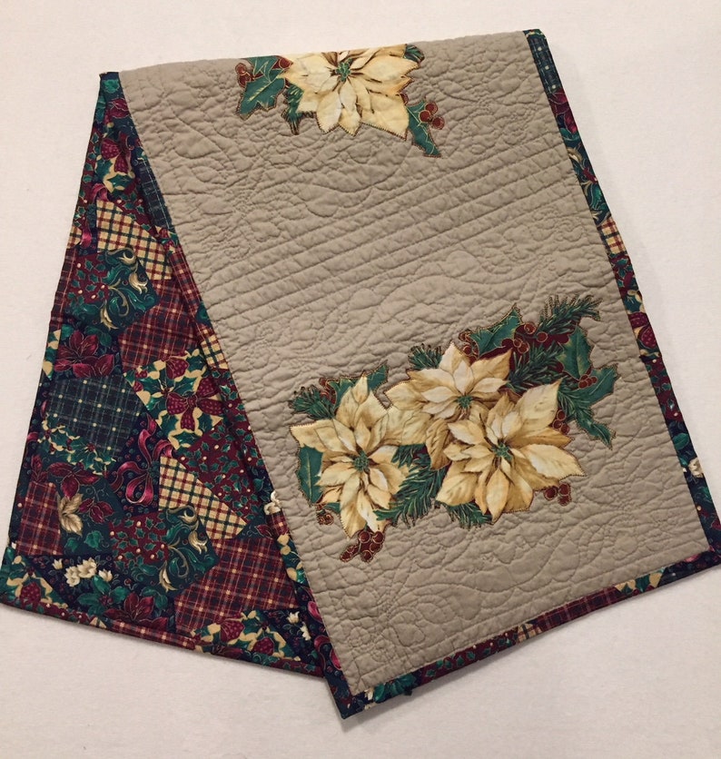 Machine Appliqued Reversible Machine Quilted Christmas Poinsettia Table Runner