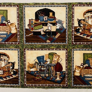 May include: Six fabric squares with a green background and a cream-colored border. Each square features a different scene with cats and sewing supplies. The scenes include a sewing basket, a sewing machine, and a table with sewing tools. The cats are in various poses, including sitting, standing, and sleeping.
