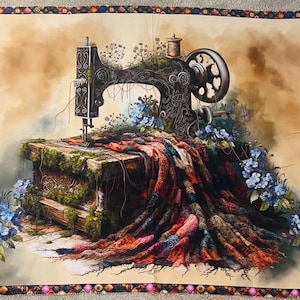 Tygpanel med texten "Glöm mig inte" av Marilyn Lee – Tryck med vintage-symaskin 90x113 cm bild 3