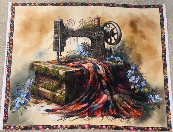 Forget Me Not Fabric Panel by Marilyn Lee – Vintage Sewing Machine Print 36"x45"
