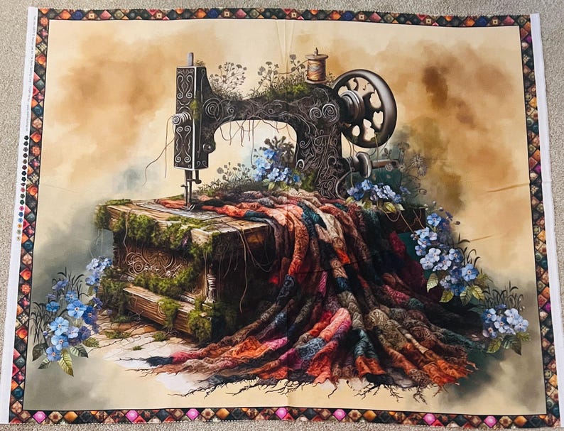 Tygpanel med texten "Glöm mig inte" av Marilyn Lee – Tryck med vintage-symaskin 90x113 cm bild 3