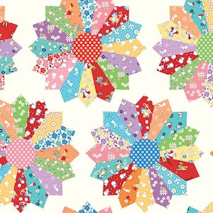 Puede incluir: Un patrón de colcha de retazos colorido con un diseño repetitivo de molinillo con un círculo central. El molinillo está hecho de 16 piezas de tela diferentes en varios colores y patrones, incluyendo rojo, azul, verde, amarillo, rosa y blanco. Las piezas de tela están dispuestas en un patrón circular alrededor del círculo central, que también está hecho de una tela estampada.