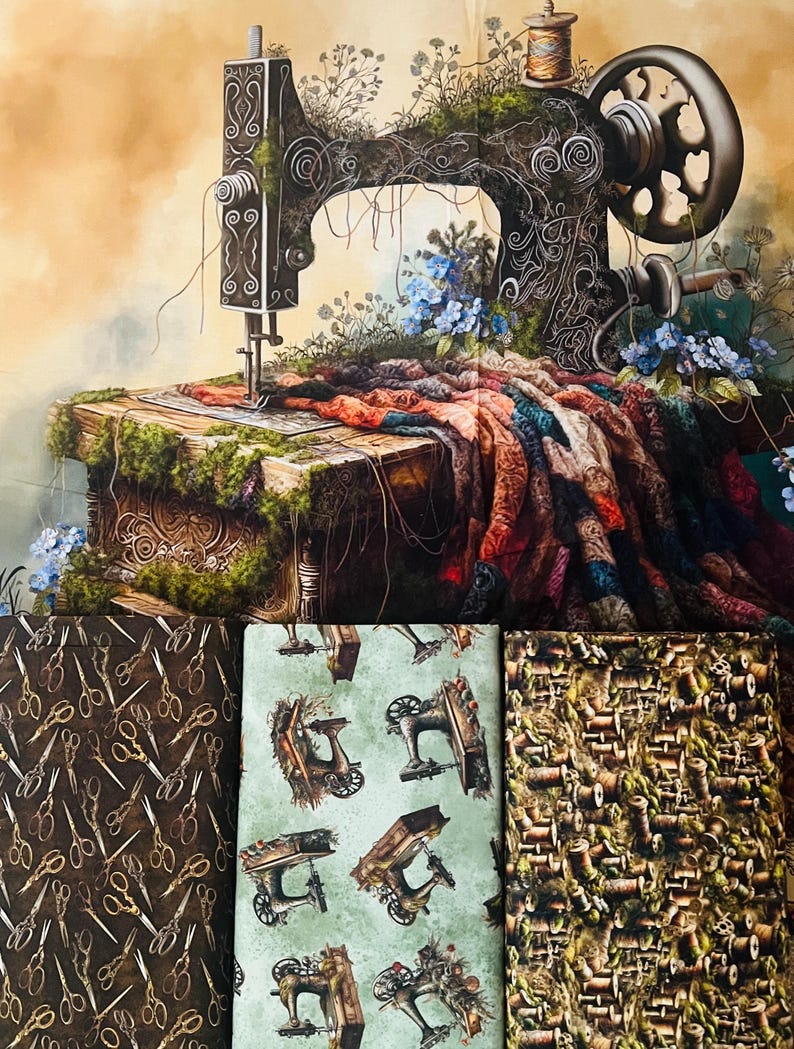 Tygpanel med texten "Glöm mig inte" av Marilyn Lee – Tryck med vintage-symaskin 90x113 cm bild 4