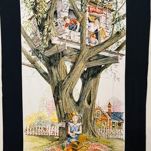 May include: A watercolor painting of a treehouse with four children inside. The treehouse has a sign that says "Popcorn". A girl is sitting on a picnic blanket under the tree with a picnic basket and a glass jar.