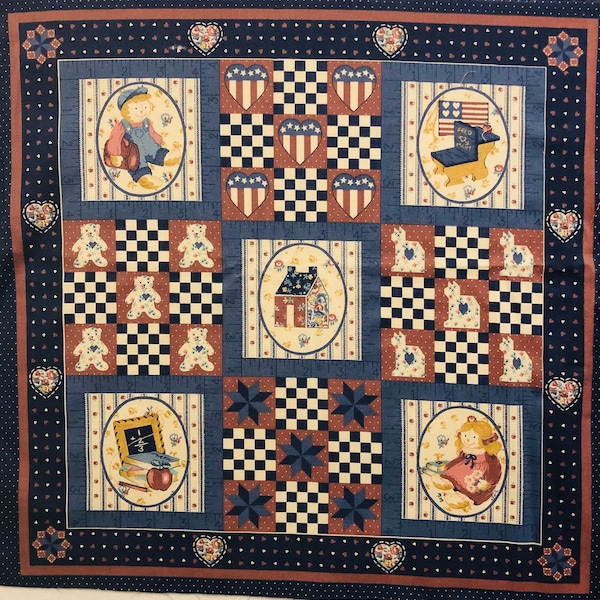 Wamsutta School House Vintage Panel - Quilt Blocks - 2 Panels - Approx 18" x 18" - Navy Blue  - Out of Print