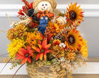 Handmade Scarecrow Fall Floral Arrangement, Sunflower Basket Centerpiece, Rustic Harvest Thanksgiving Decoration