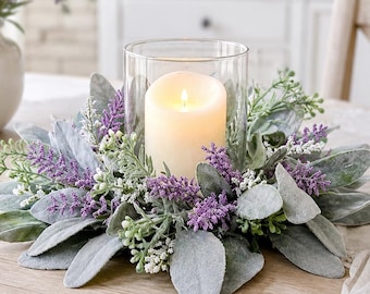 Lavender Lamb's Ear Candle Ring | Farmhouse Centerpiece with Candle | Cottage Nursery Decor | Spa Inspired Home Accent