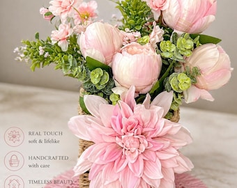 Luxury Spring Peony Flower Basket, Real Touch Floral Arrangement, Pink Peony Centerpiece, Spring Table Decor, Cottagecore Home Decor Gift