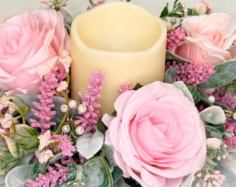 Blush Pink Floral Candle Ring | Farmhouse Table Centerpiece | Faux Rose Candle Wreath | Coffee Table Decor | Spring Home Decor