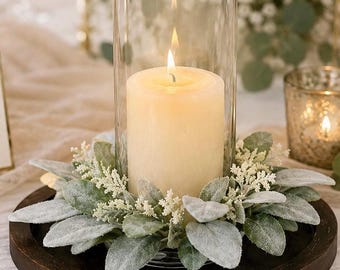 Luxury Lamb’s Ear Candle Ring Centerpiece | Neutral Farmhouse Table Decor | Rustic Wedding Centerpiece | Everyday Mantel Candle Arrangement