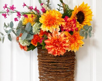 Bright Orange pink yellow  silk Flower hanging basket , Summer floral wicker sunflower indoor/outdoor decor cottage farmhouse wall decor
