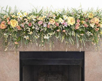 Luxury Spring Mantel Garland – Cascading Wildflower Meadow Fireplace Decor – Made to Order