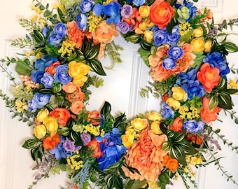 カスタムアニバーサリーリース パーソナライズされた花柄ドアリース ピーチ ブルー イエロー 春 夏 結婚記念日ギフト 高級玄関ドア装飾