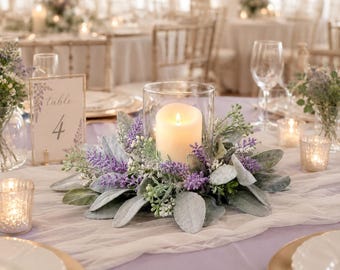 Lavender Wedding Candle Ring Centerpiece | Lamb’s Ear Bridal Shower Decor | Reception Table Arrangement