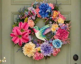 豪華なハチドリの春のリース、パステルカラーの花柄、庭のドアの装飾、気まぐれな夏のリース、彼女へのカスタムデザインのギフト、プレミアムシルクフラワー