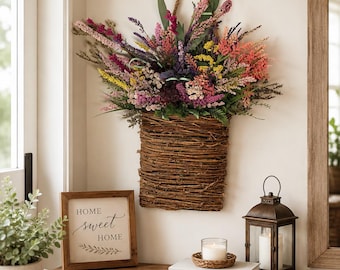 UV Resistant dried wildflower  hanging basket decor | Cottagecore Wall Hanging | Rustic Floral Basket | Summer to Fall Porch Decor