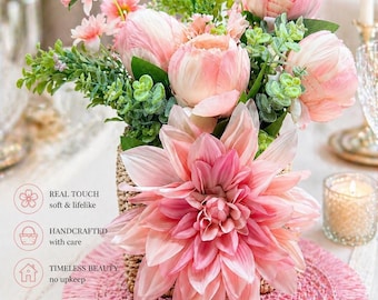 Luxury Spring Peony Flower Basket, Real Touch Floral Arrangement, Pink Peony Centerpiece, Spring Table Decor, Cottagecore Home Decor Gift