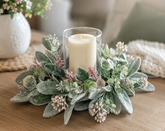 Dusty Rose Lambs Ear Candle Ring Wedding Table Decor for Farmhouse Eucalyptus Greenery Centerpiece W Pillar Candle, Wreath And Vase