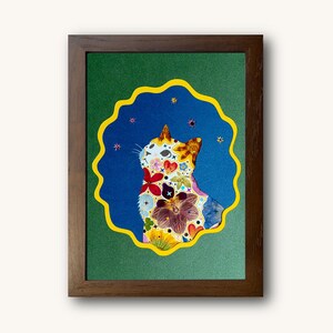 Looking-Up Cat Art with Real Pressed Flowers, Framed Wall Decor, Limited Edition image 1
