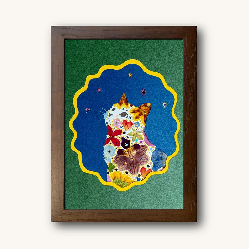 Looking-Up Cat Art with Real Pressed Flowers, Framed Wall Decor, Limited Edition image 1