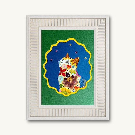 Original Handmade Pressed Flower Art – Looking-up Cat – Framed Real Florals, Unique Pet Lover Gift