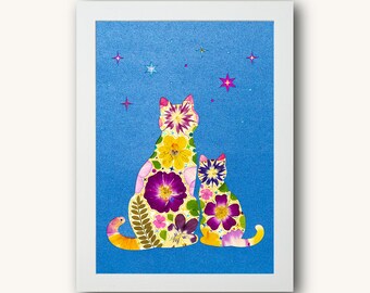 Same Sky Two Cats Art with Real Pressed Flowers, Framed Wall Decor, Limited Edition