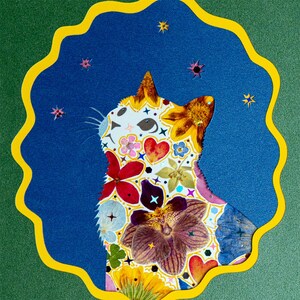 Looking-Up Cat Art with Real Pressed Flowers, Framed Wall Decor, Limited Edition image 2