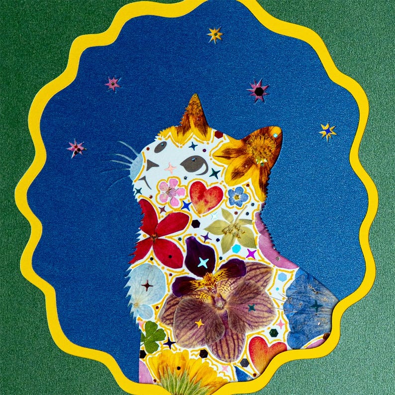 Looking-Up Cat Art with Real Pressed Flowers, Framed Wall Decor, Limited Edition image 2